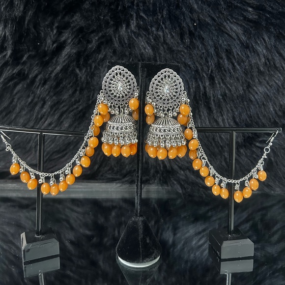 Silver With Peach Pearls Oxidized Jhumkas With Side layers. - Picture 4 of 6